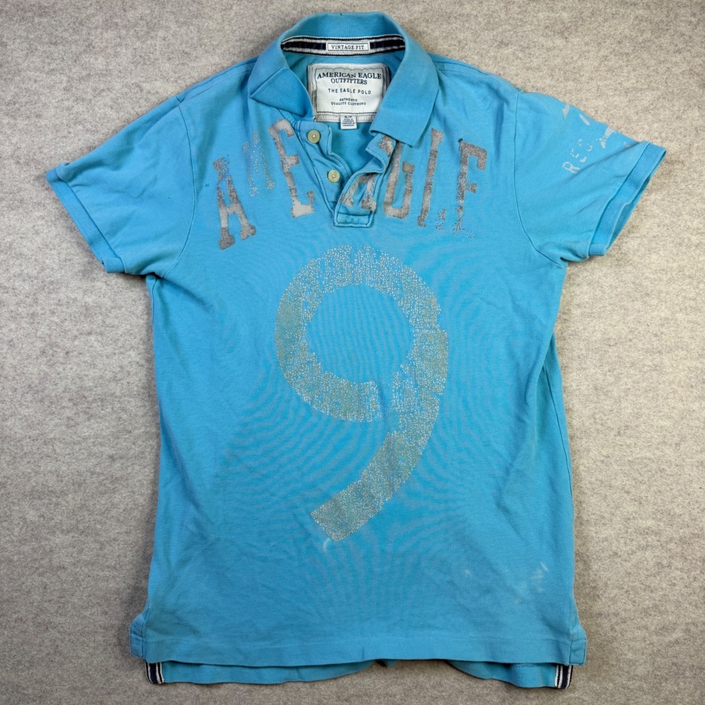 American Eagle Outfitters The Eagle Polo Blue Distressed Graphic Vintage Fit S